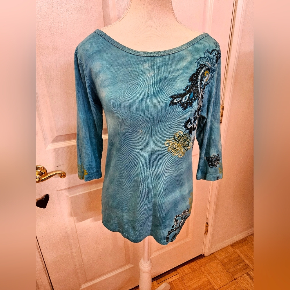 RARE Y2K GLIMA Blue Paisley Tie Dye Print Cotton 3/4 Sleeve Tunic Blouse Top M